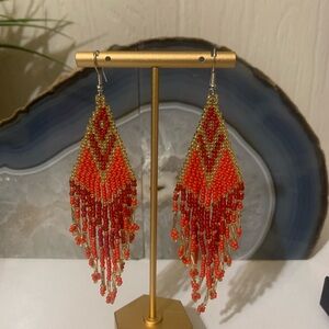 Beaded Red and Gold Dangle Earrings
